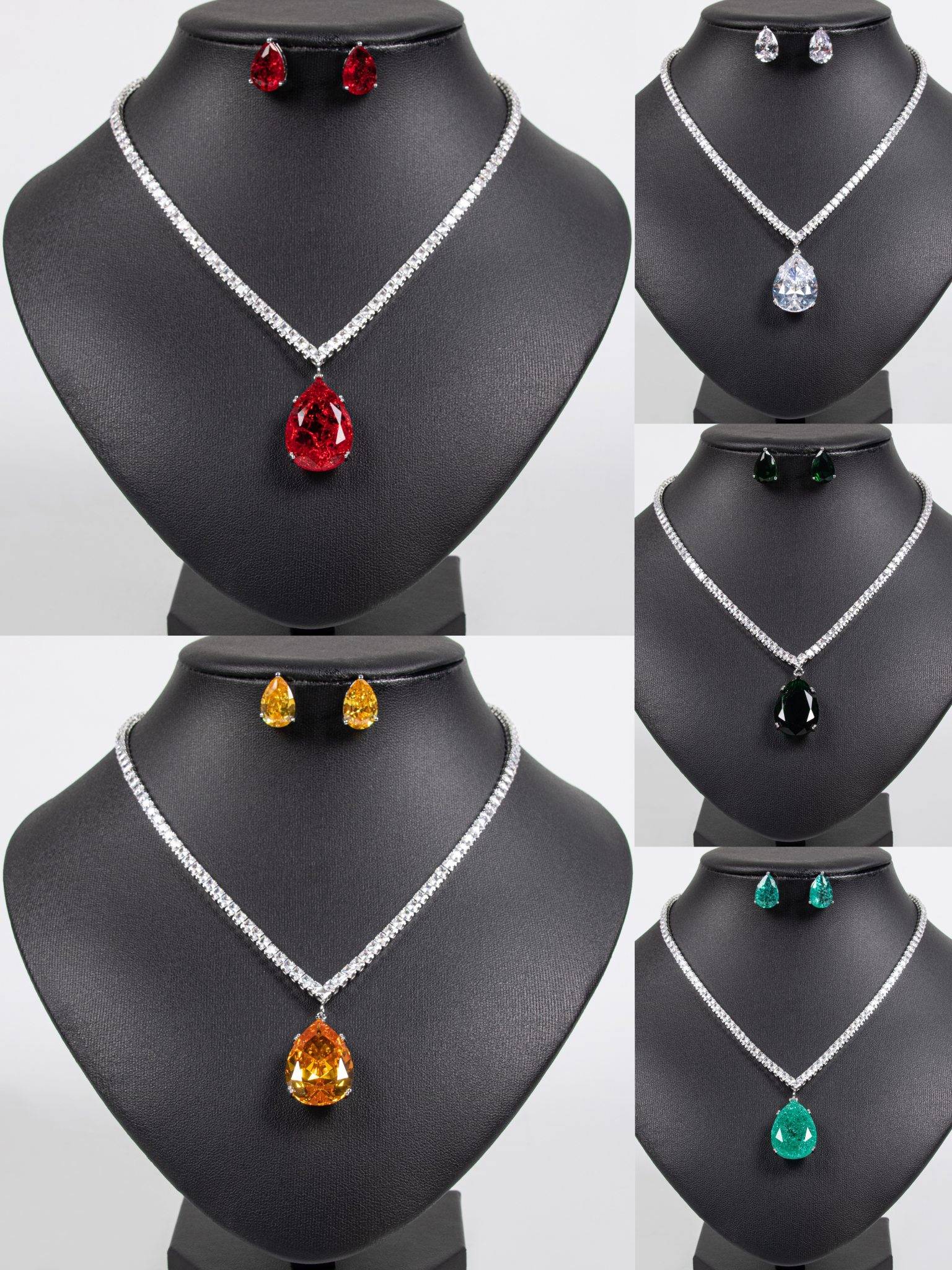 18K Gold Plated Copper Teardrop Zirconia Jewelry Set - Multi-Color Zirconia Necklace and Earrings