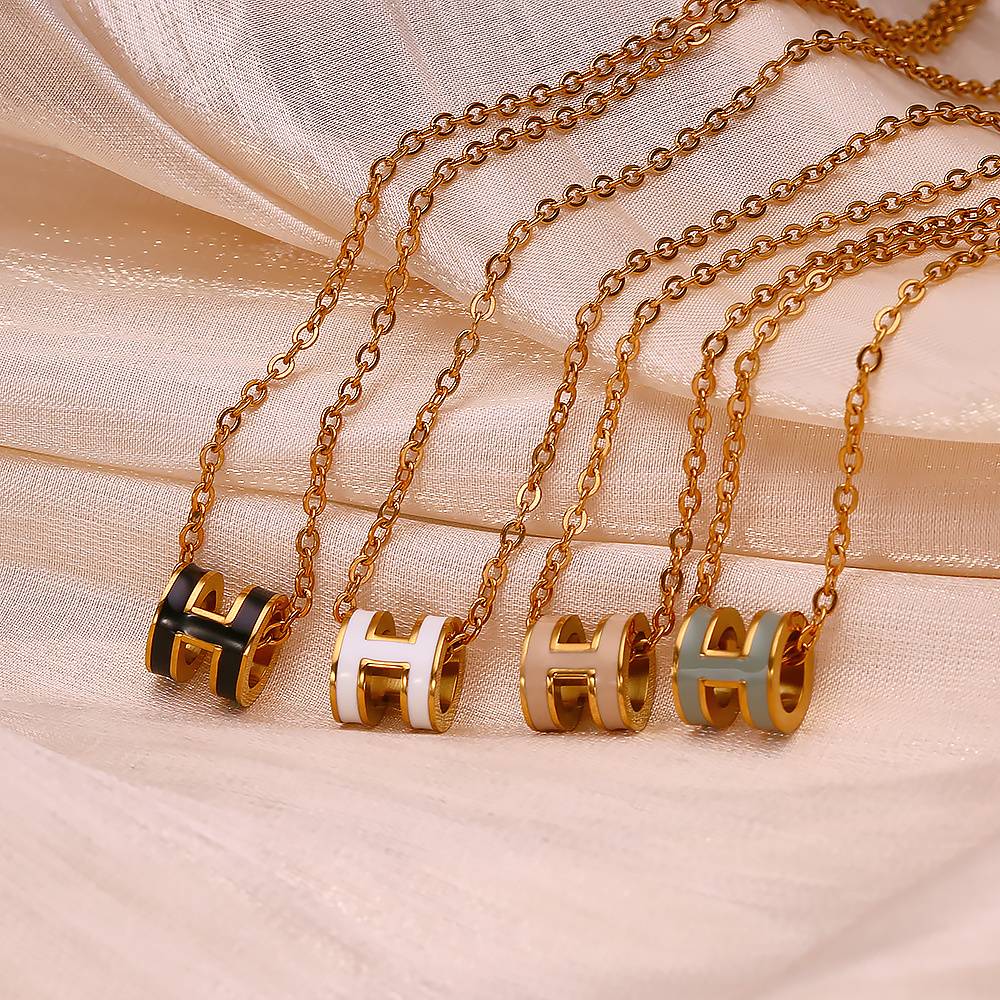 18K Gold Plated Stainless Steel Multi-Color Enamel H Pendant Necklace（Large size）
