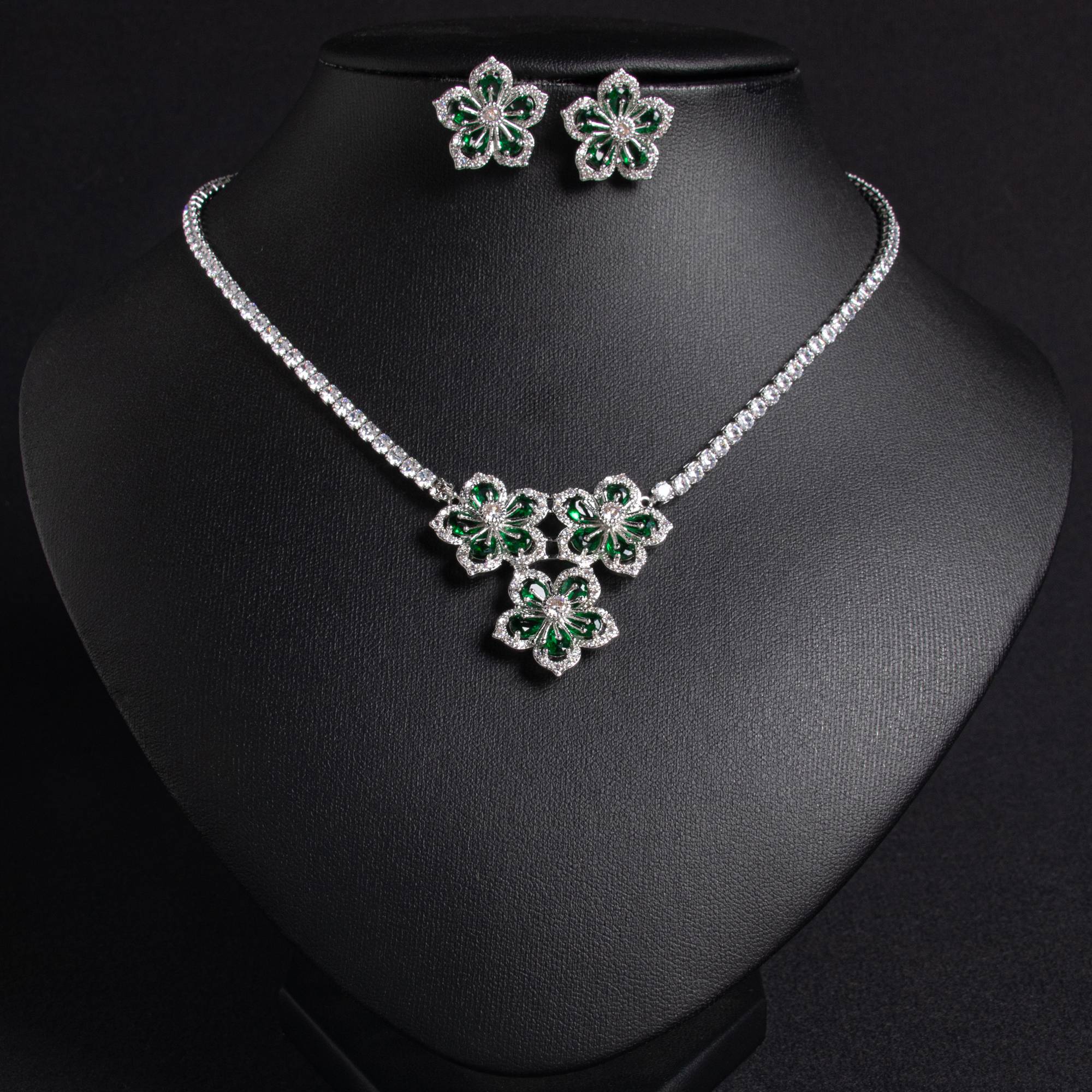 Elegant 18K Gold Plated Brass Flower Necklace & Earring Set (Rose Red/Emerald Green/Royal Blue/White)