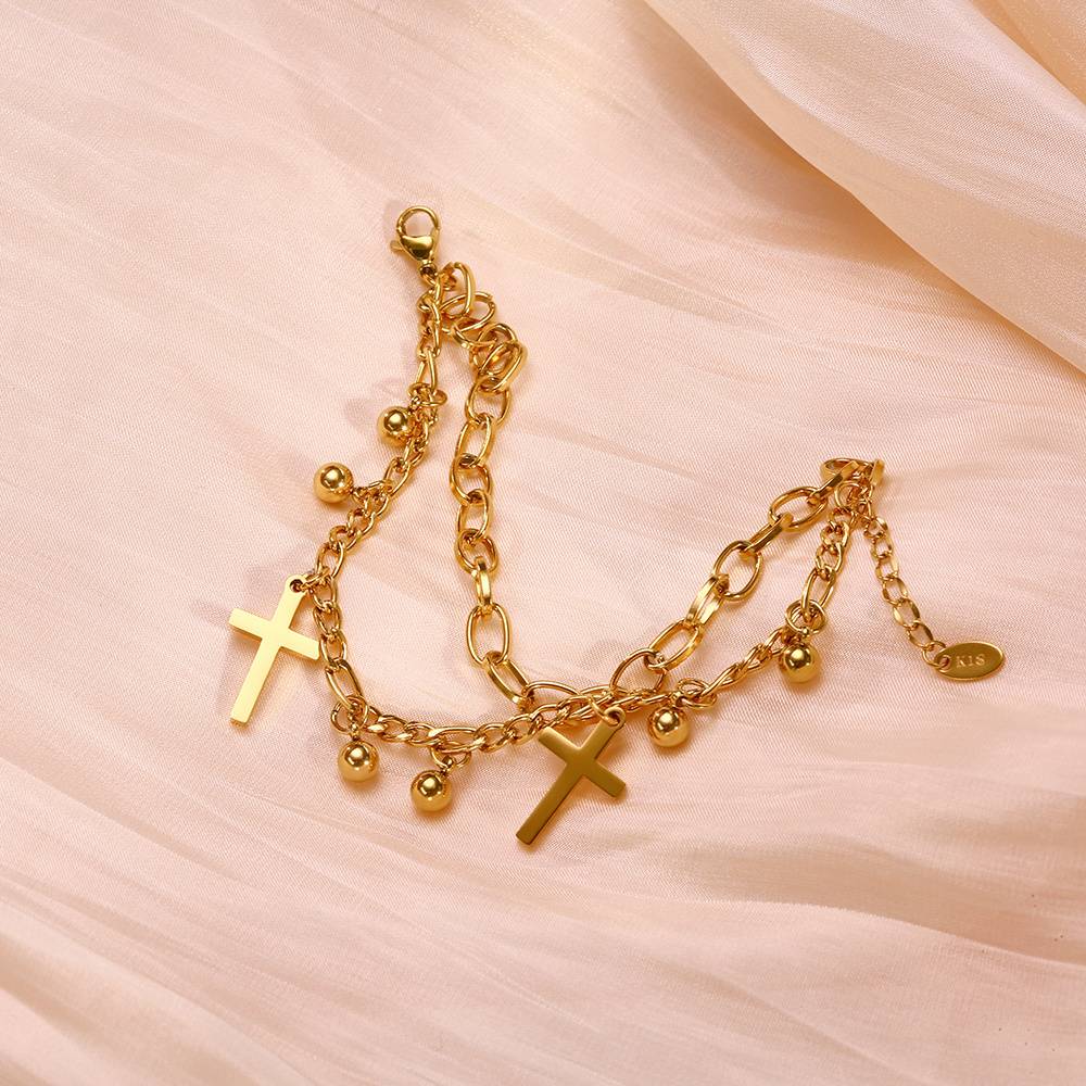 Women's Stainless Steel Double Cross Stainless Steel Gold-Plated Custom Fashion Jewelry Chain Bracelet Bangle