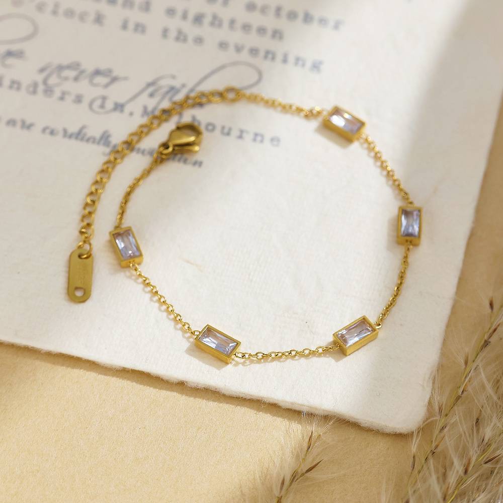 Small rectangular zircon diamond stainless steel 18k gold-plated women's custom fashion jewelry bracelet