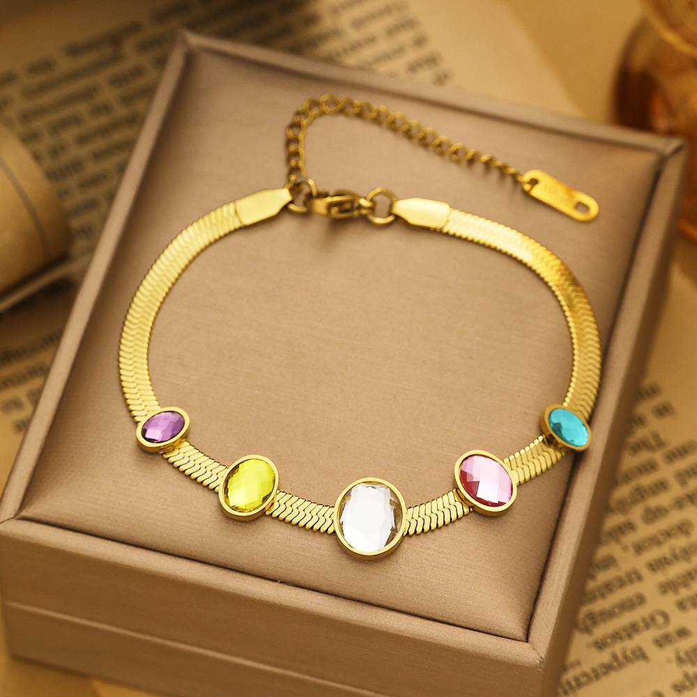 Stainless steel non-oxidizing 18k gold-plated women's snake chain with colored zircon fashion jewelry bracelet