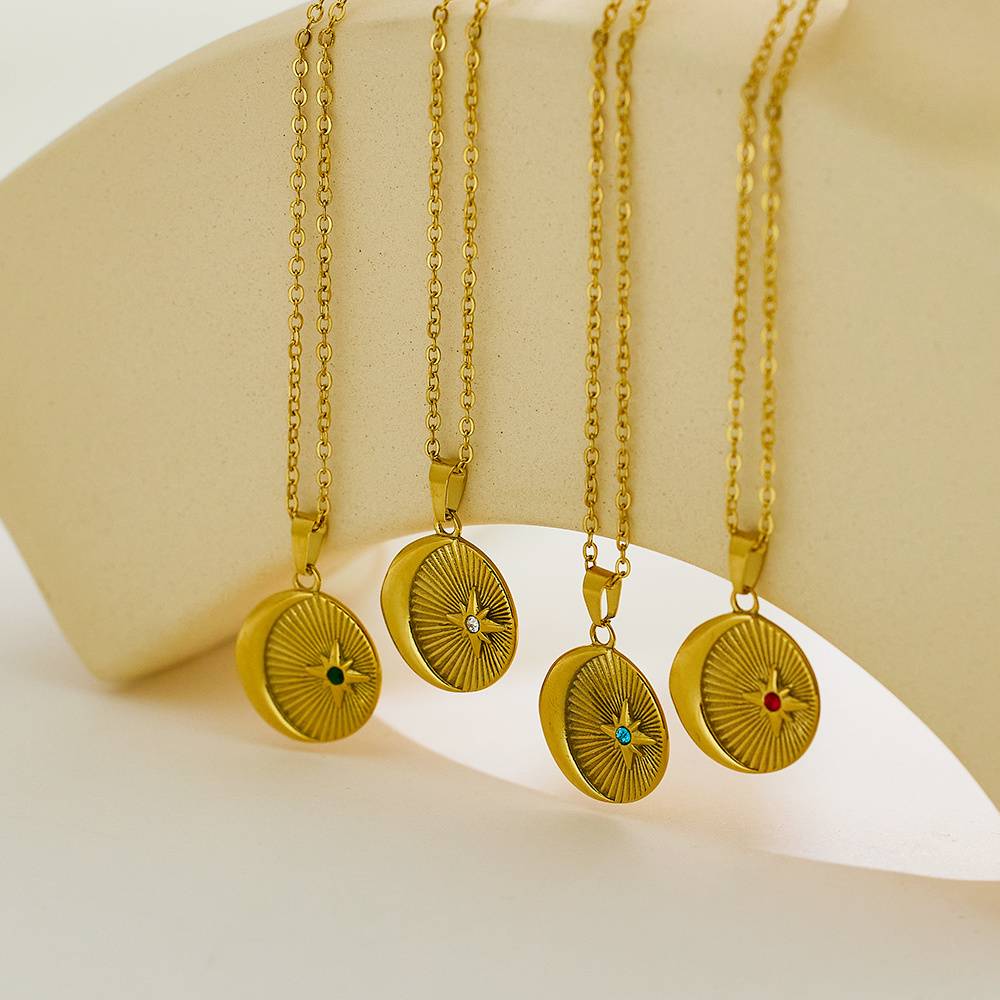 Moon Star 18K Gold Zircon Stainless Steel Colorful Charm Pendant Custom Design Fashion Jewelry Necklace