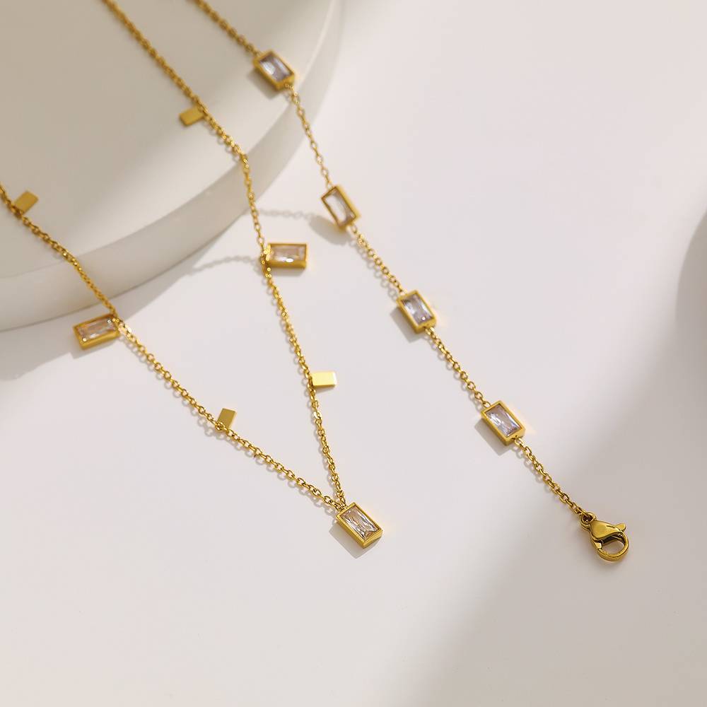 Wholesale rectangular cubic zirconia necklace, stainless steel pendant, 18k gold plated, women's custom fashion jewelry necklace
