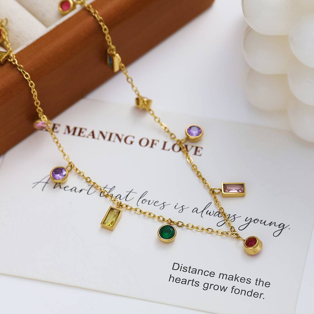 Charming 18k Gold Plated Stainless Steel Women's Colored Cubic Zirconia Link Female Fashion Jewelry Necklace