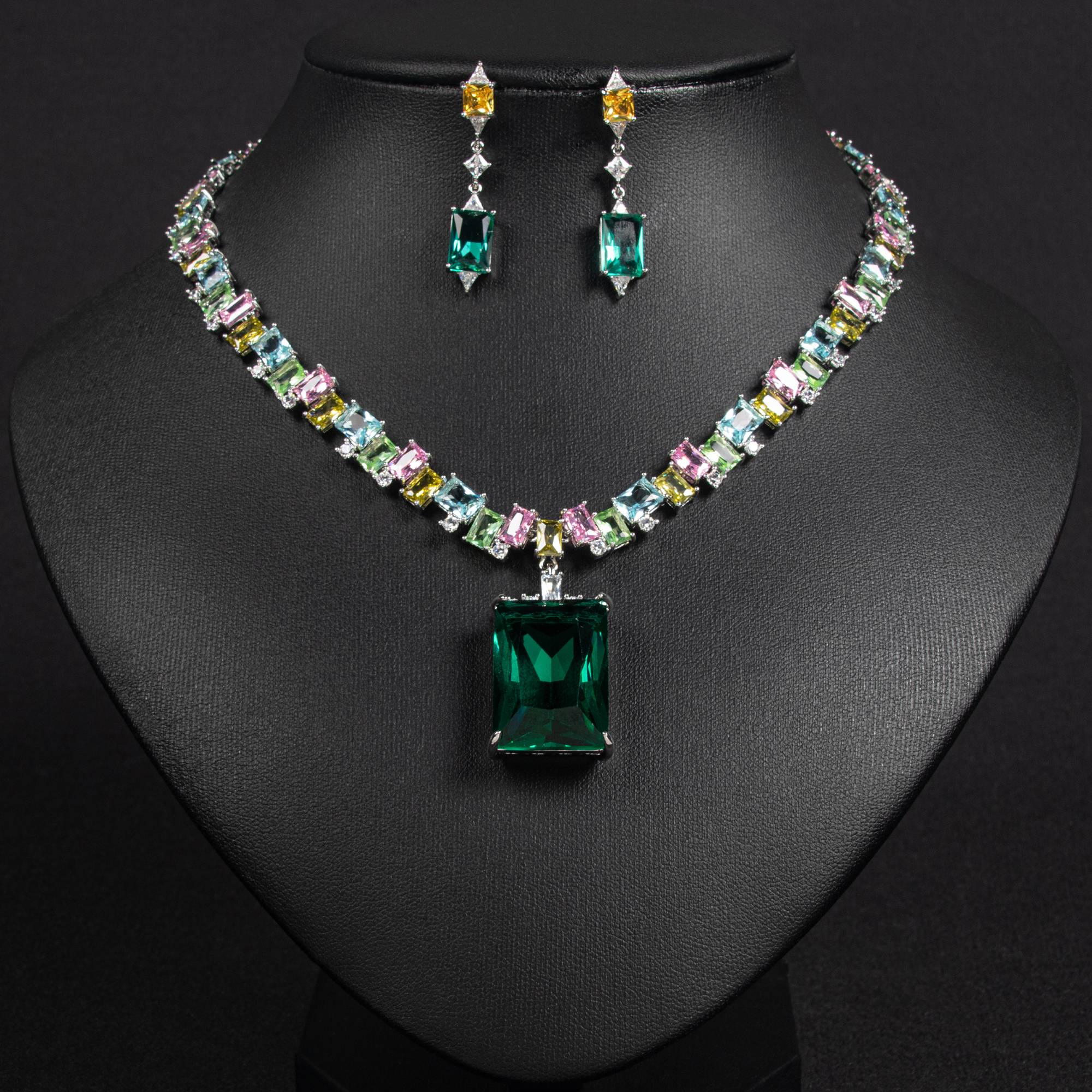 Bridal 18k Gold Plated Rainbow Square Gem Jewelry Set