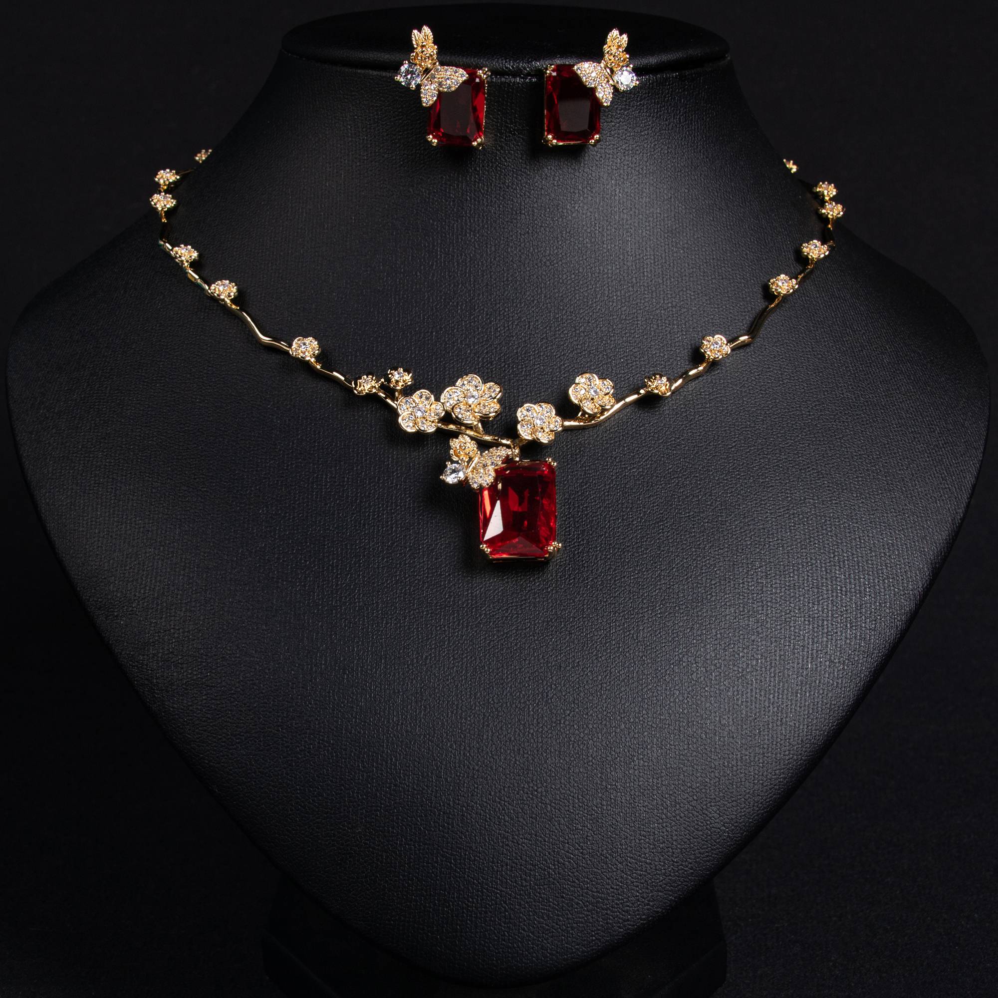 Bridal 18k Gold Plated Plum Blossom Branch Jewelry Set for Elegant Weddings