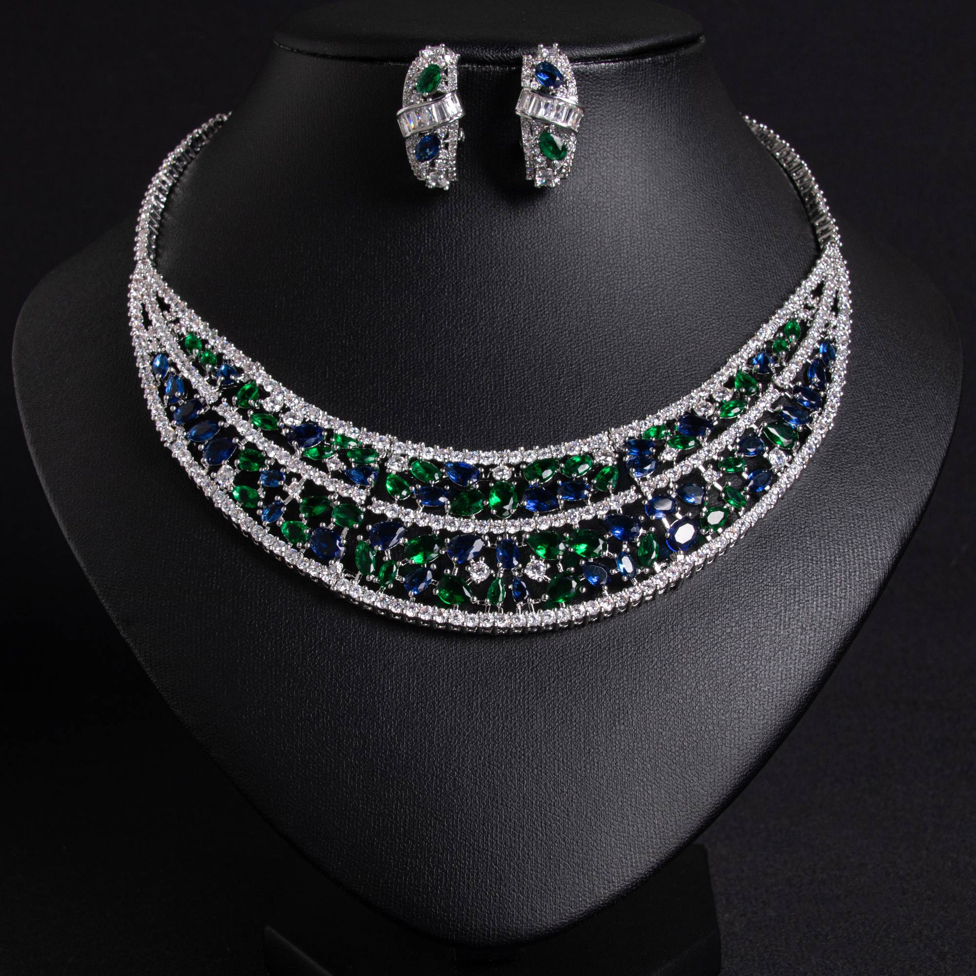 Bridal 18k Gold Plated Multi Layer Gem Collar Jewelry Set | Lonceen