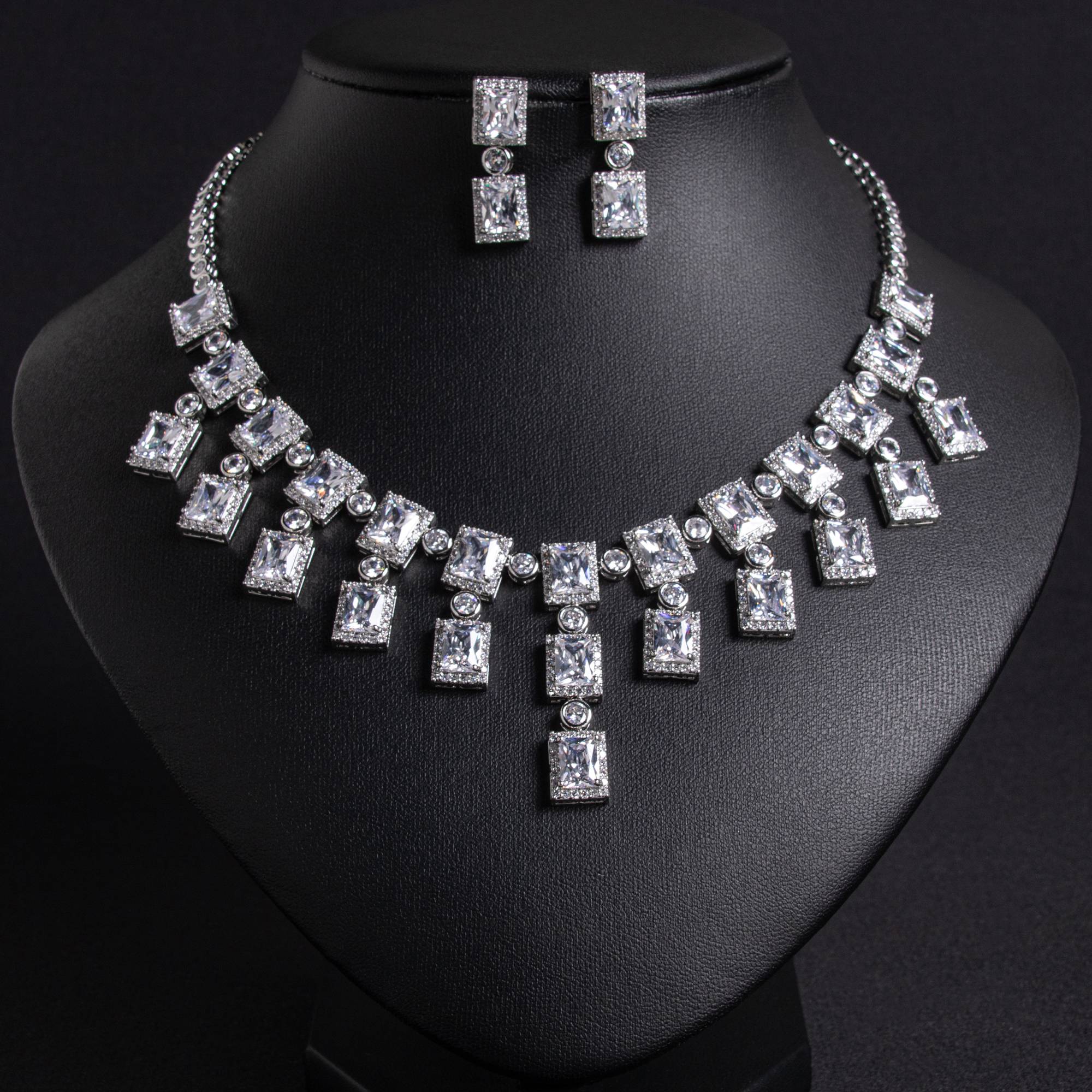 Women 18k Gold Plated Square Gem Cascading Jewelry Sets for Brides