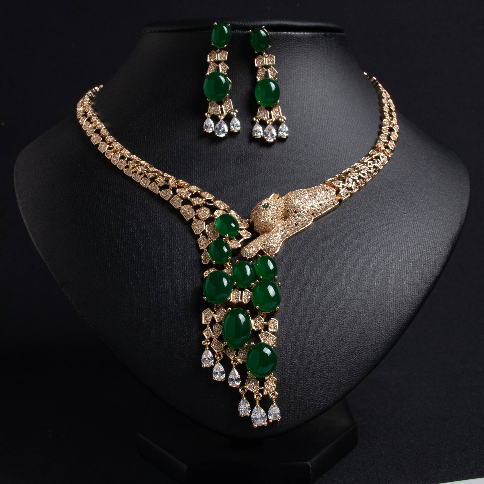 Bridal 18k Gold Plated Panther Gem Cascading Jewelry Set