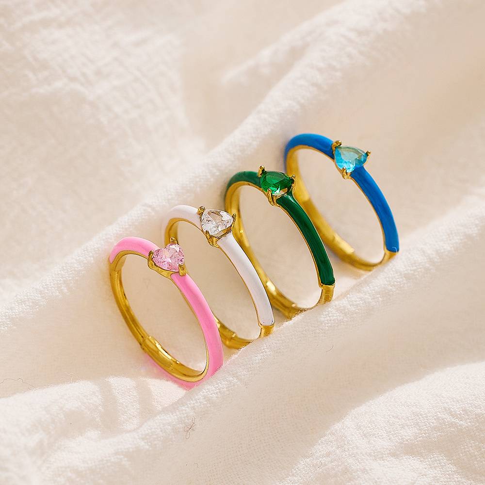 Non-oxidizing stainless steel ring with exquisite gold plating, zircon, enamel, colorful and fashionable jewelry ring