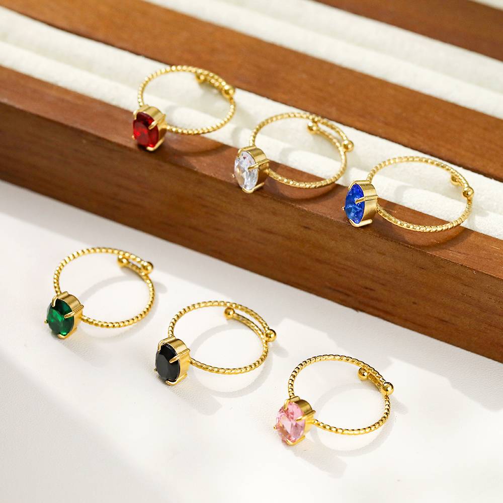 Fashionable 18K gold-plated multi-color open adjustable stainless steel natural cubic non-oxidized zirconia women's gift fashion jewelry ring