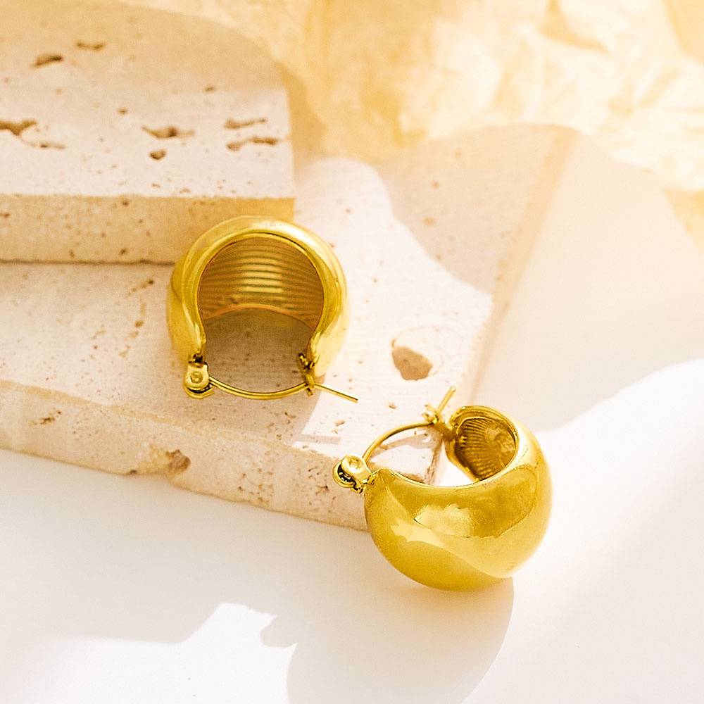 Hoop Earrings Stainless Steel High-end 18k Gold Plated Shiny Curved Surface Hypoallergenic Thick Women's Hoop Earrings