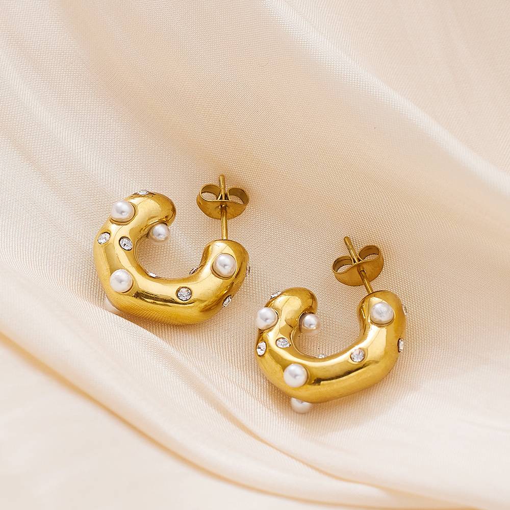 Women's fashion accessories earrings retro pearl C-shaped wholesale 18k gold plated stainless steel custom earrings