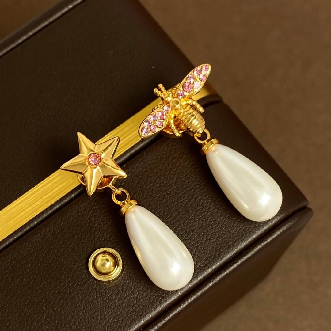 Lonceen Playful Pink Zircon Bee & Star Pearl Drop Earrings