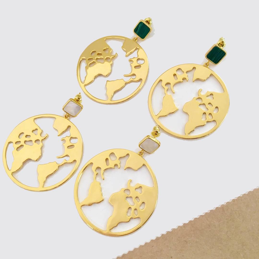 Lonceen Chic Green Onyx World Map Drop Earrings