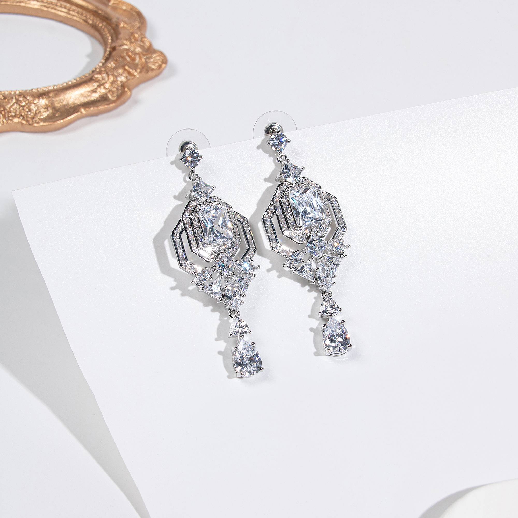 Multi Color Hexagon Zircon 18k Gold Plated Copper Earrings for Women