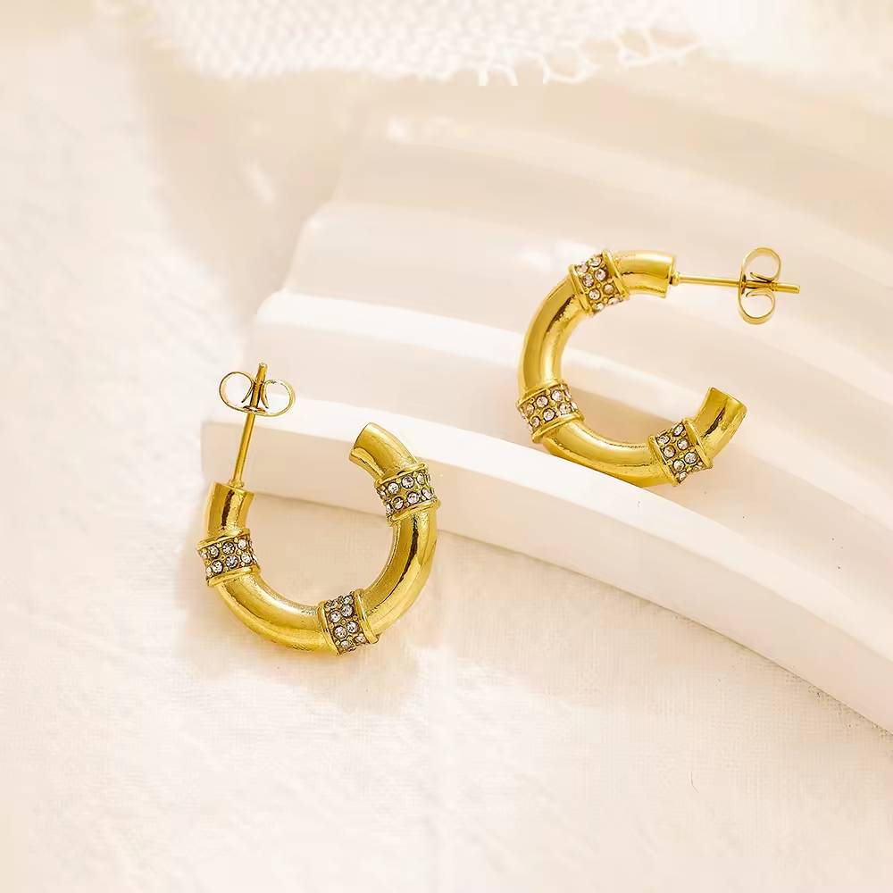 Fashionable, thick, and luxurious stainless steel 18k gold-plated cubic zirconia earrings, women's fashion accessories earrings