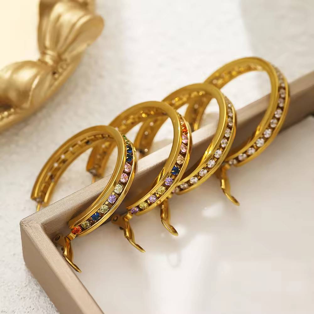 Wholesale thick 18k gold-plated colorful zircon polished stainless steel women's hoop fashion jewelry earrings