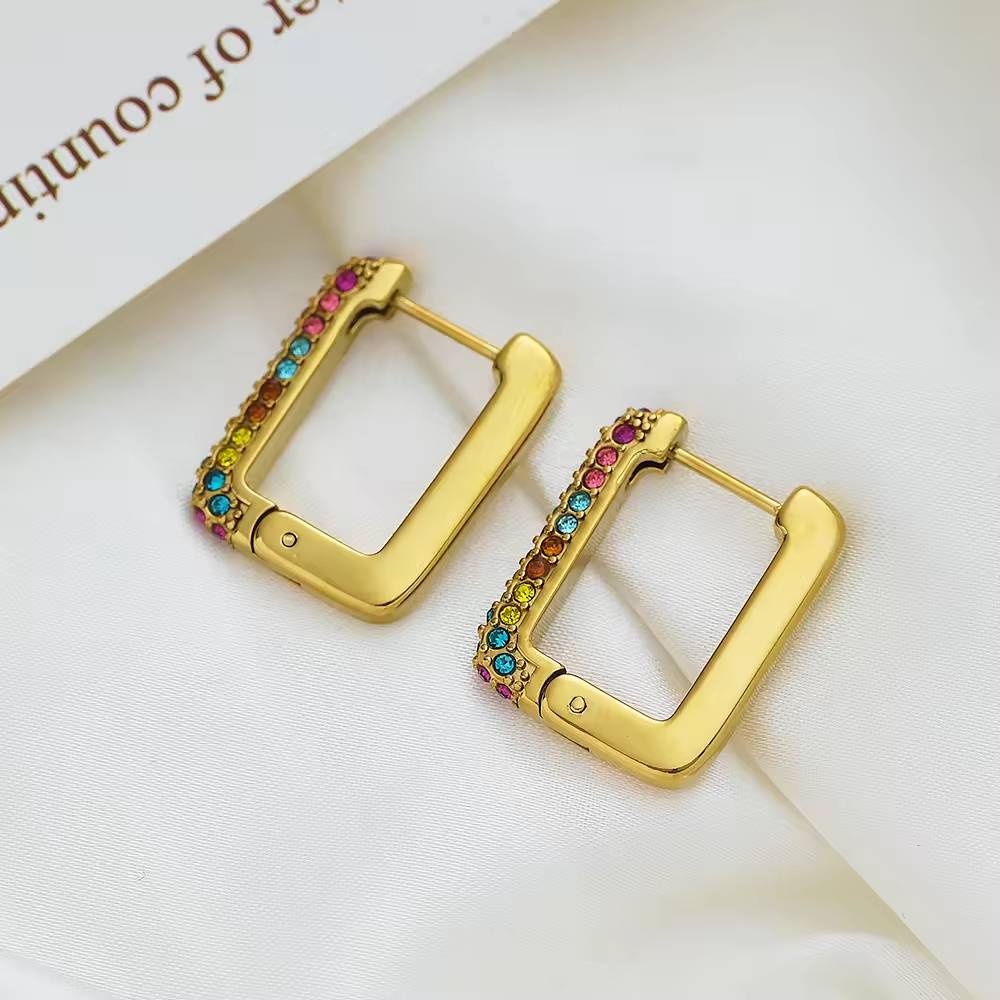Hypoallergenic Luxury 18K Gold-Plated Stainless Steel Women's Stud Earrings with Square Colored Zircons, Thick and Stylish Jewelry Earrings
