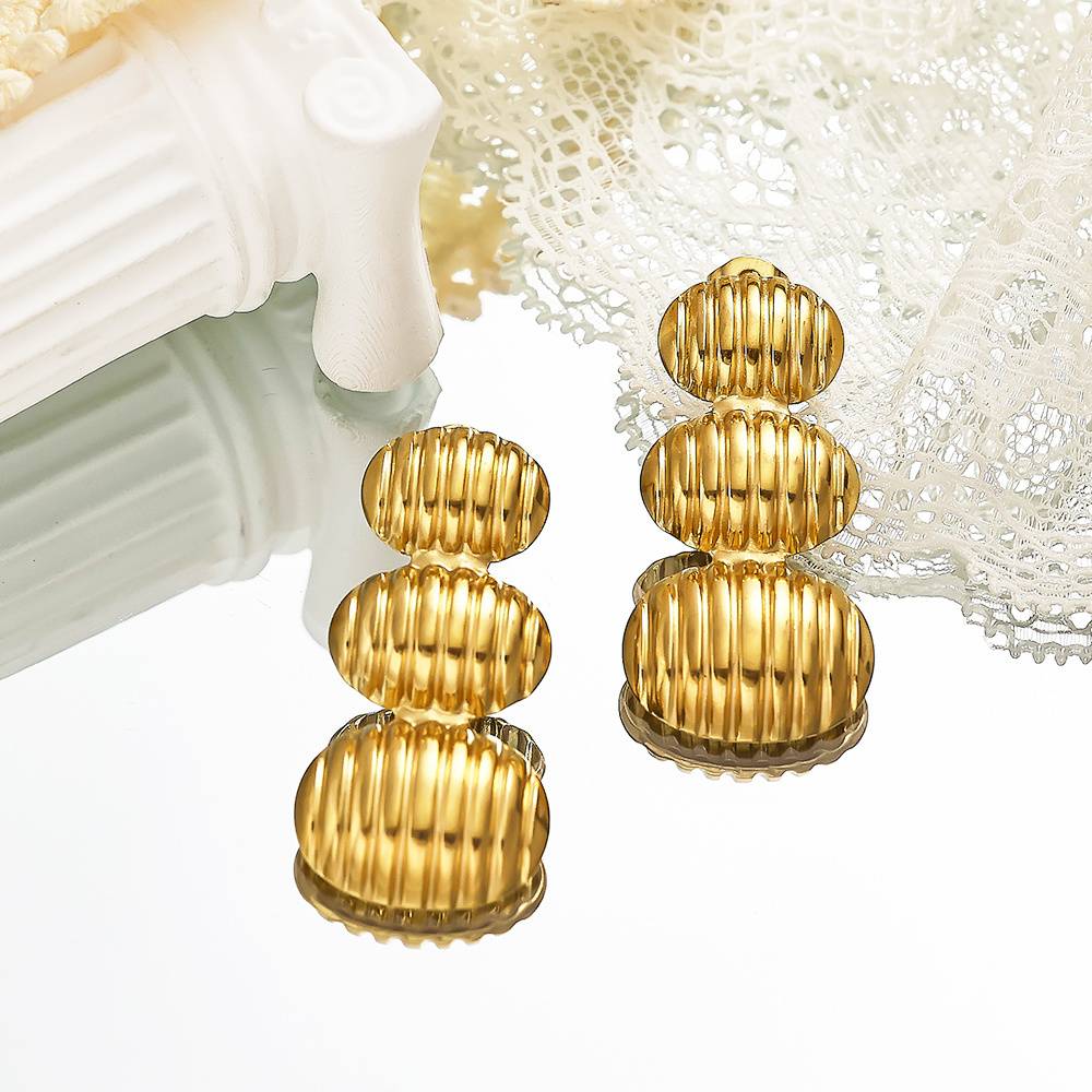 Vintage thick stainless steel stud earrings with irregular textures - women's 18k gold-plated fashion jewelry earring collection