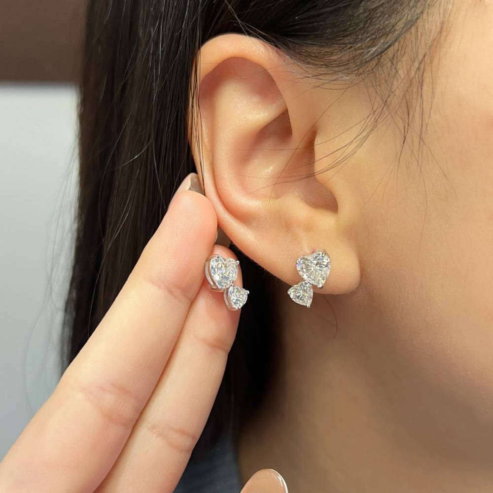 Double Heart Design 925 Silver Moissanite Stud Earrings