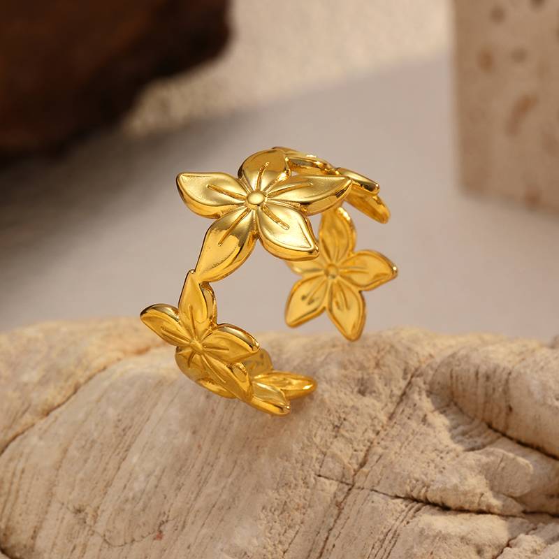 Adjustable Gold Flower Stainless Steel Ring for Women
