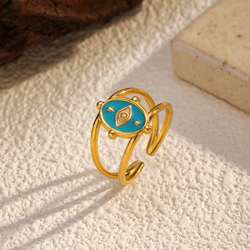 Open Gold Stainless Steel Evil Eye Ring with Blue Enamel