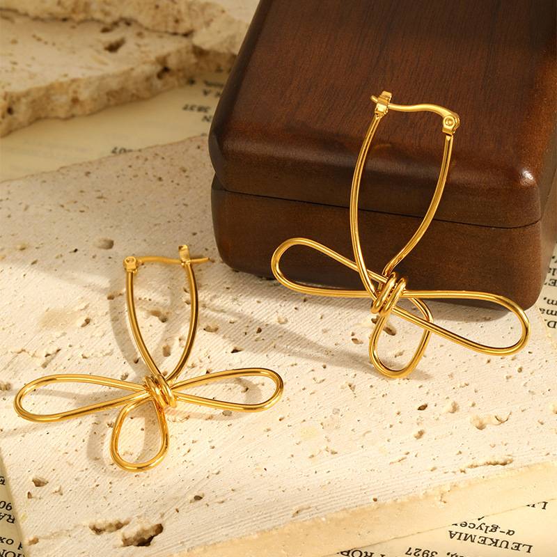 Gold Stainless Steel Wire Bow Earrings