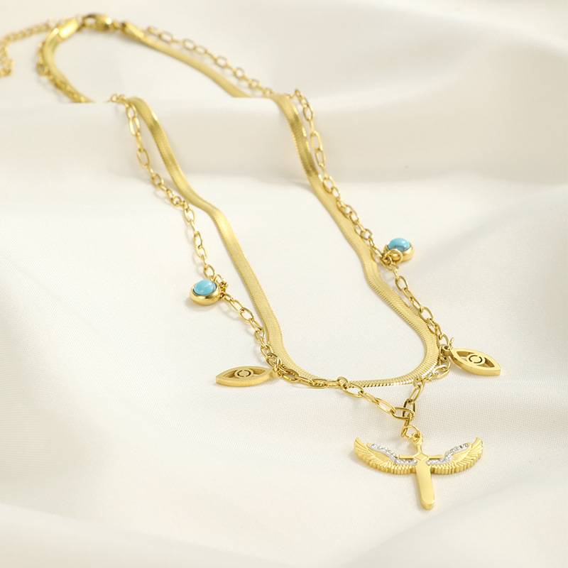 Layered Wing Cross Stainless Steel Necklace for Women