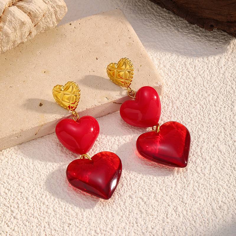 Gold and Red Stainless Steel Heart Earrings for Women