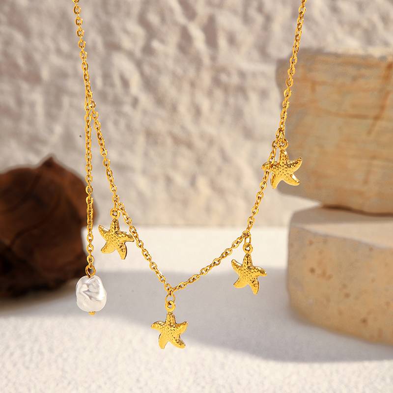 Gold Layered Stainless Steel Starfish Necklace with Pearl