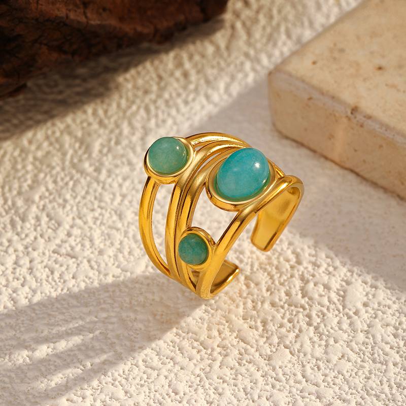 Gold Stainless Steel Ring with Green Stone for Women