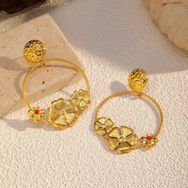 Gold Stainless Steel Floral Hoop Earrings with Floral Charm