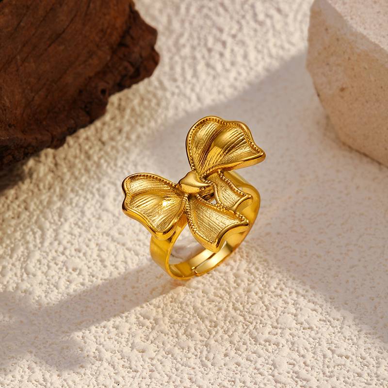 Gold Stainless Steel Bow Ring for Women
