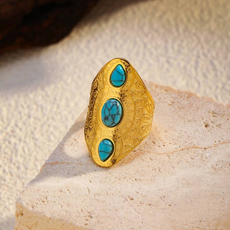 Gold Stainless Steel Turquoise Statement Ring for Women