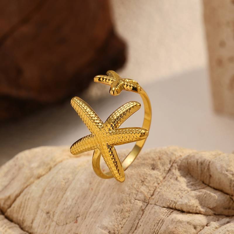 Gold Stainless Steel Starfish Ring for Women