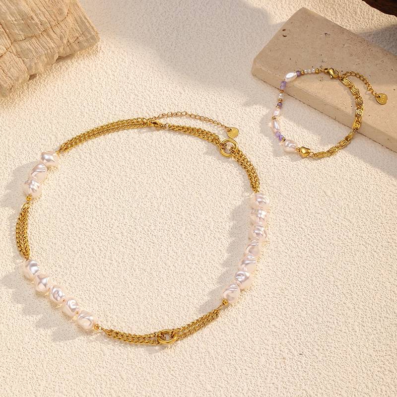 Gold Stainless Steel Necklace with Irregular Pearl