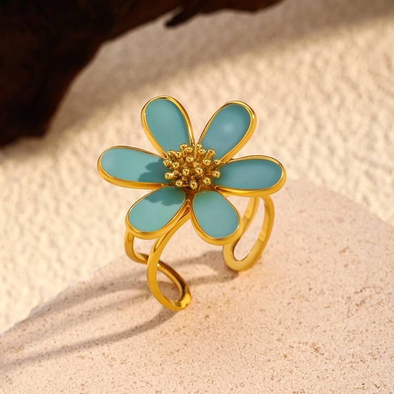 Gold Stainless Steel Flower Ring for Women - Blue Floral Design