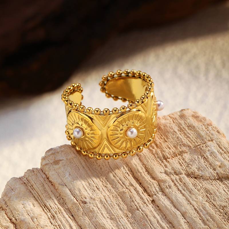 Wide Gold Stainless Steel Ring with Pearl for Women