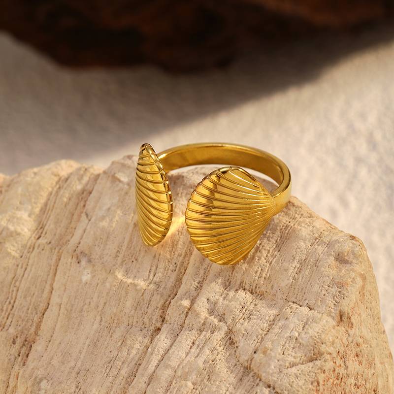 Bold Shell Stainless Steel Open Ring Gold Plated