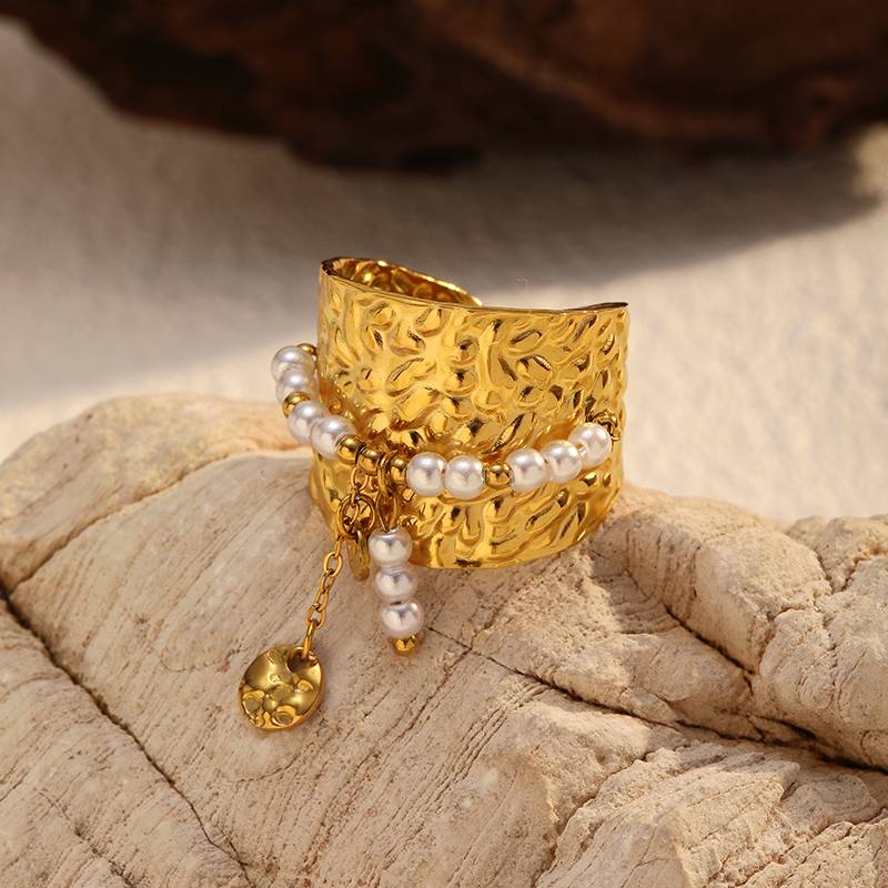 Luxury Gold Plated Stainless Steel Wide Ring With Pearl
