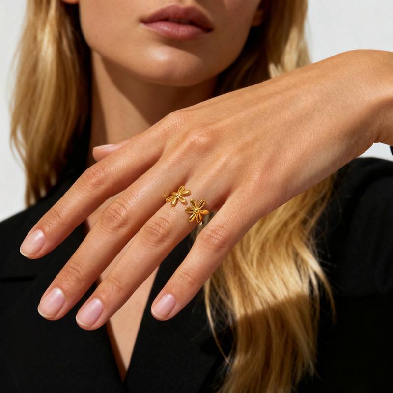 Double Flower Adjustable Stainless Steel Ring for Women