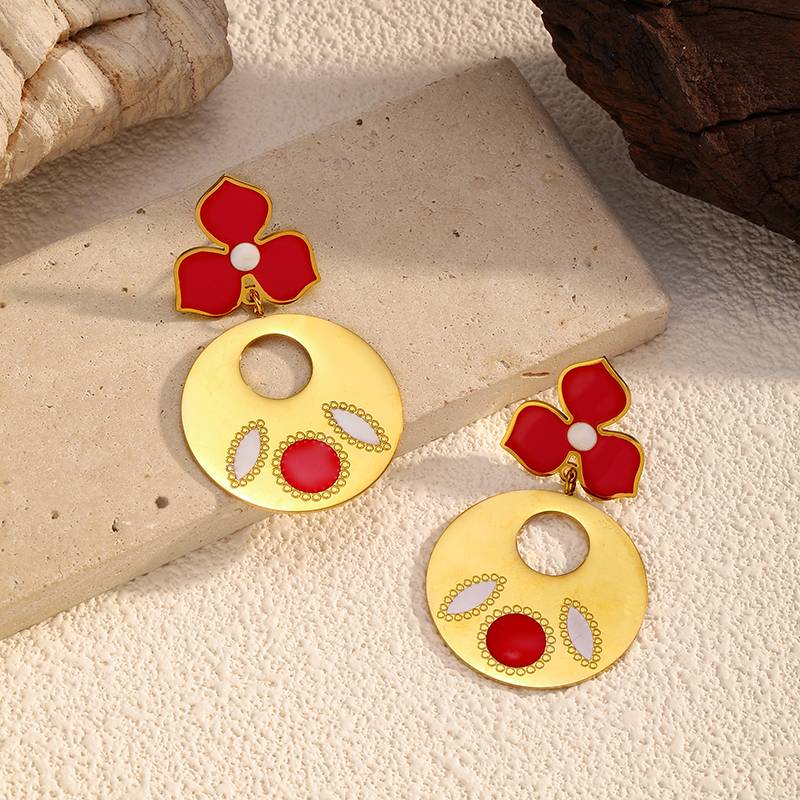 Gold Stainless Steel Dangle Earrings for Women with Red Flower