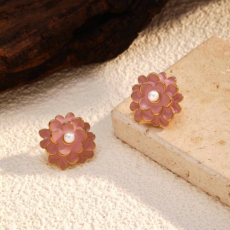 Pink Flower Pearl Stainless Steel Stud Earrings for Women