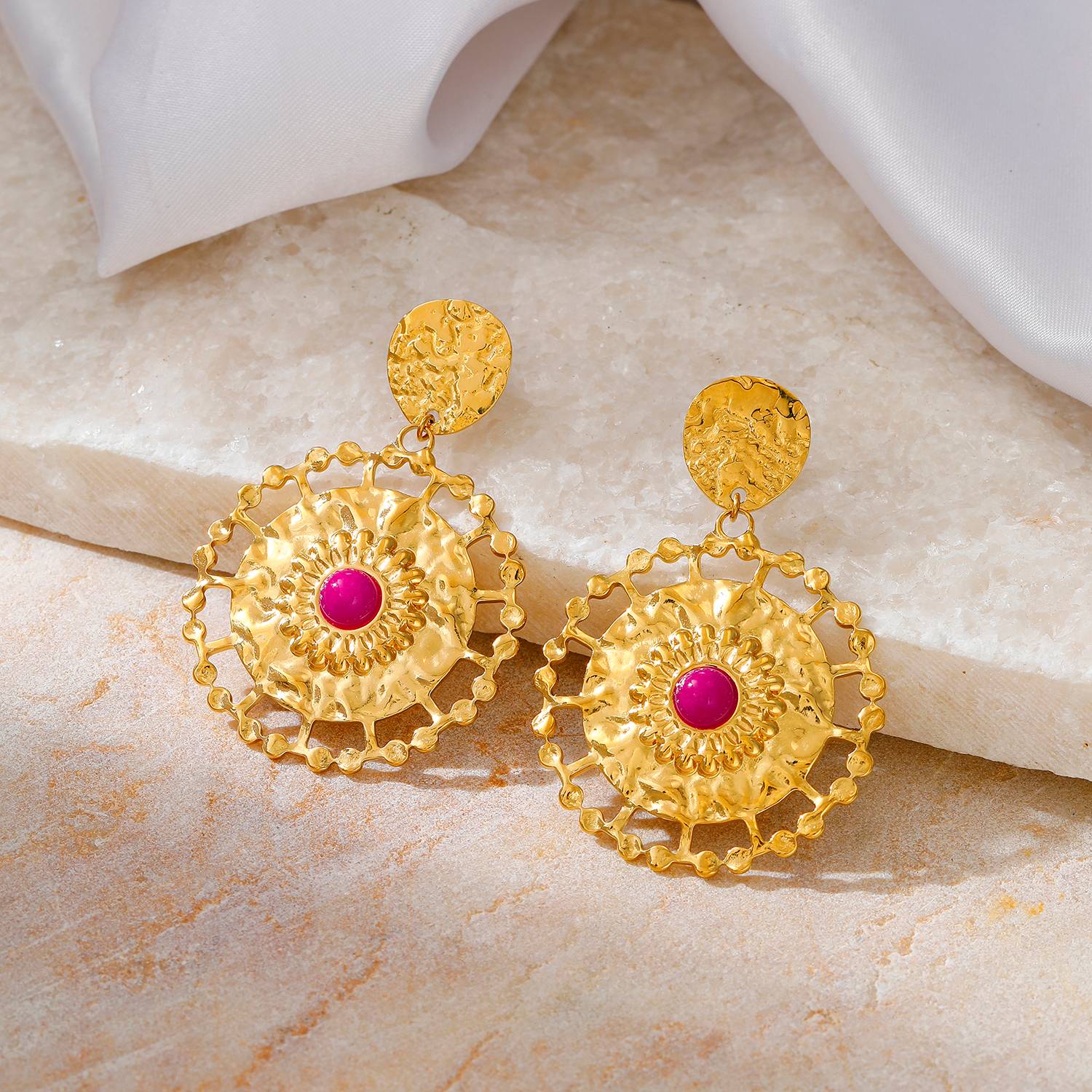 Lonceen Gold Plated Stainless Steel Sunburst Pink Gem Drop Earrings – Boho Bold Jewelry