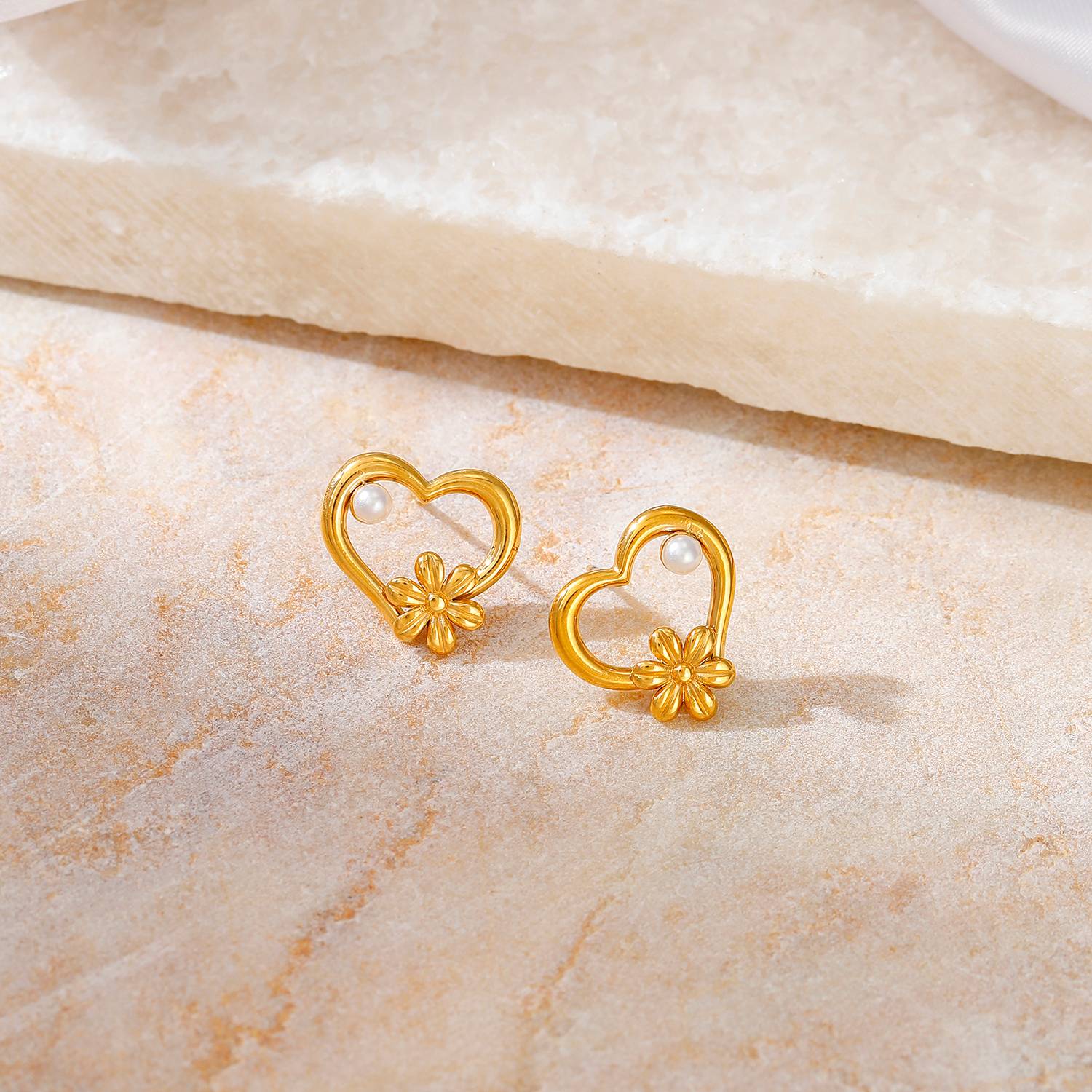 Lonceen Gold Plated Stainless Steel Heart Flower Pearl Stud Earrings – Romantic Dainty Jewelry