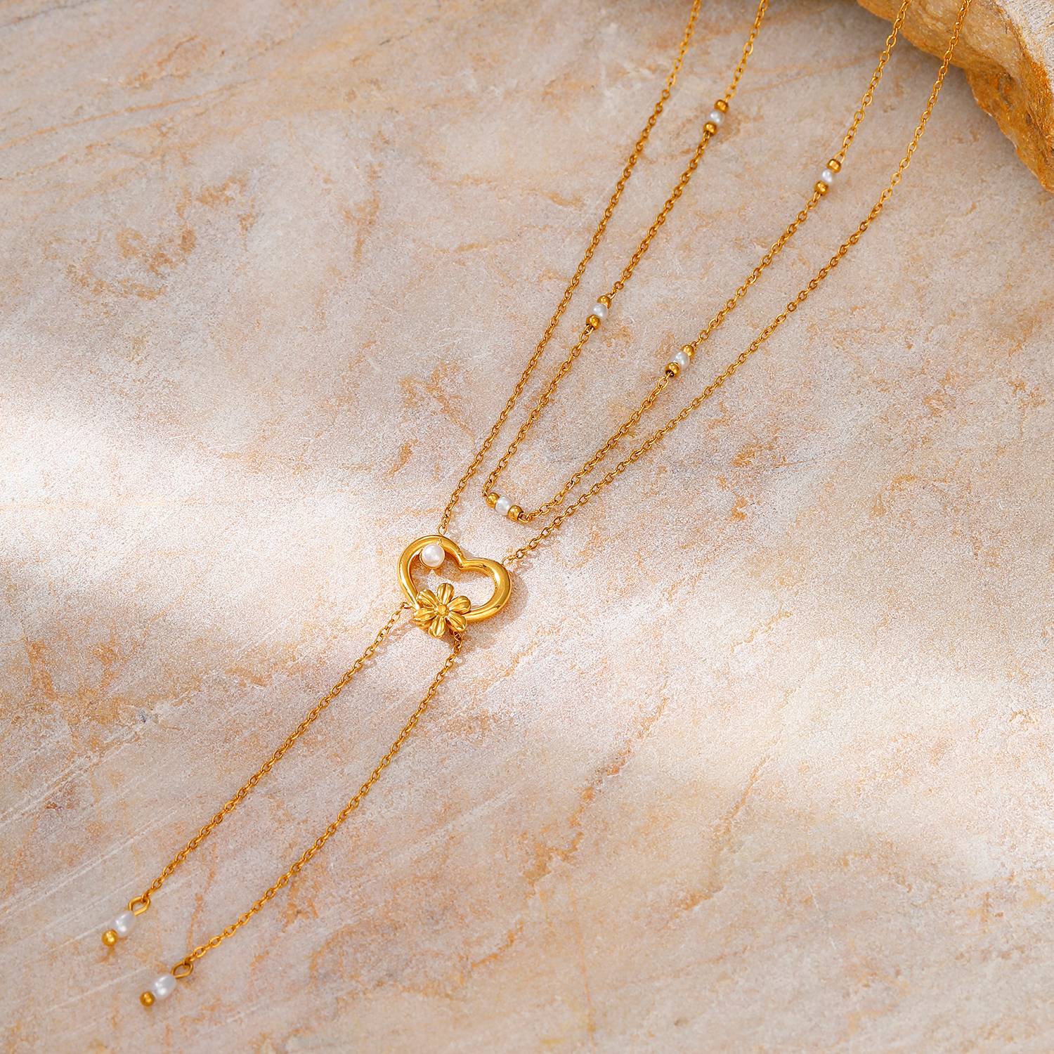 Lonceen Gold Plated Stainless Steel Heart Pearl Layered Necklace – Romantic Dainty Jewelry