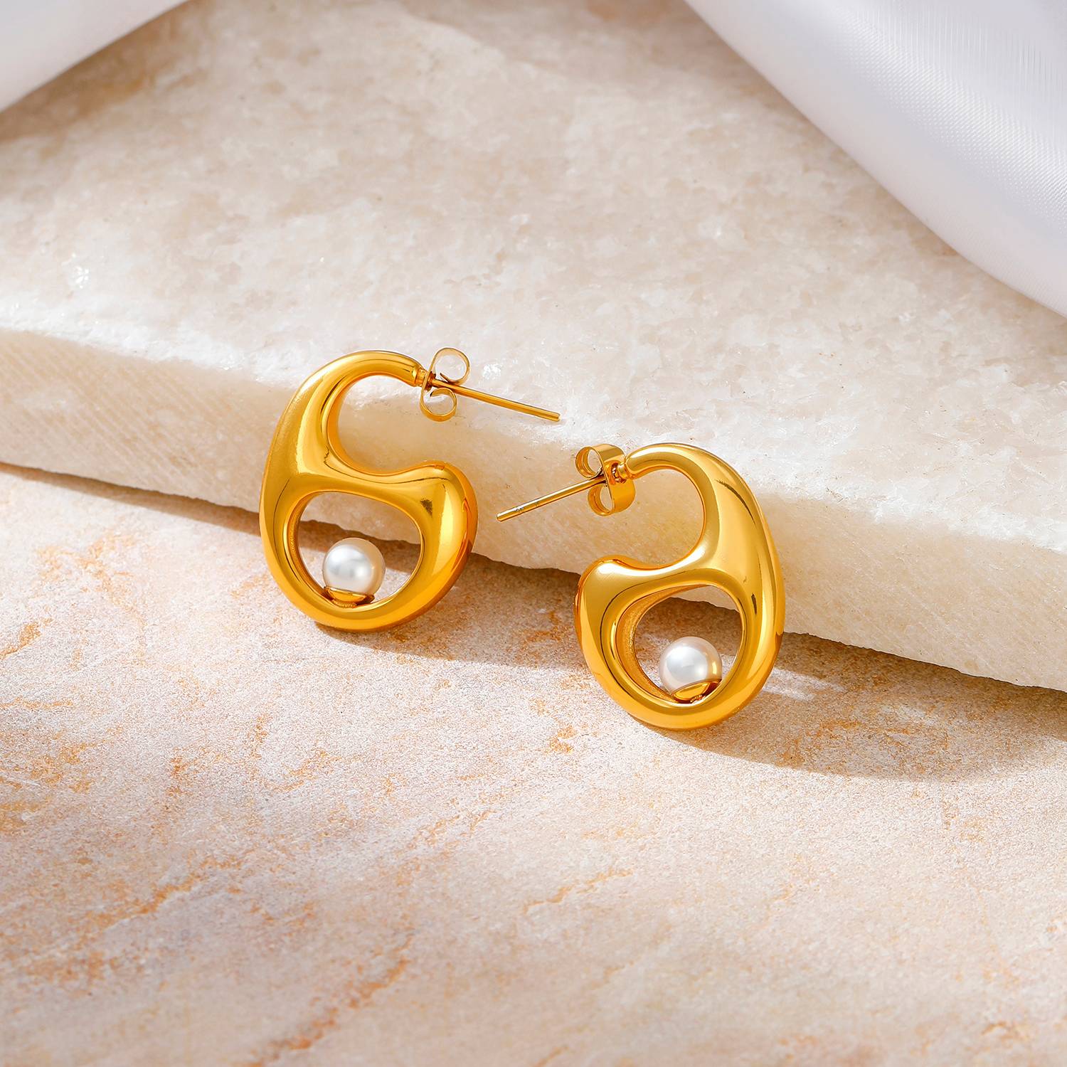 Lonceen Gold Plated Stainless Steel Abstract Pearl Stud Earrings – Minimalist Modern Jewelry