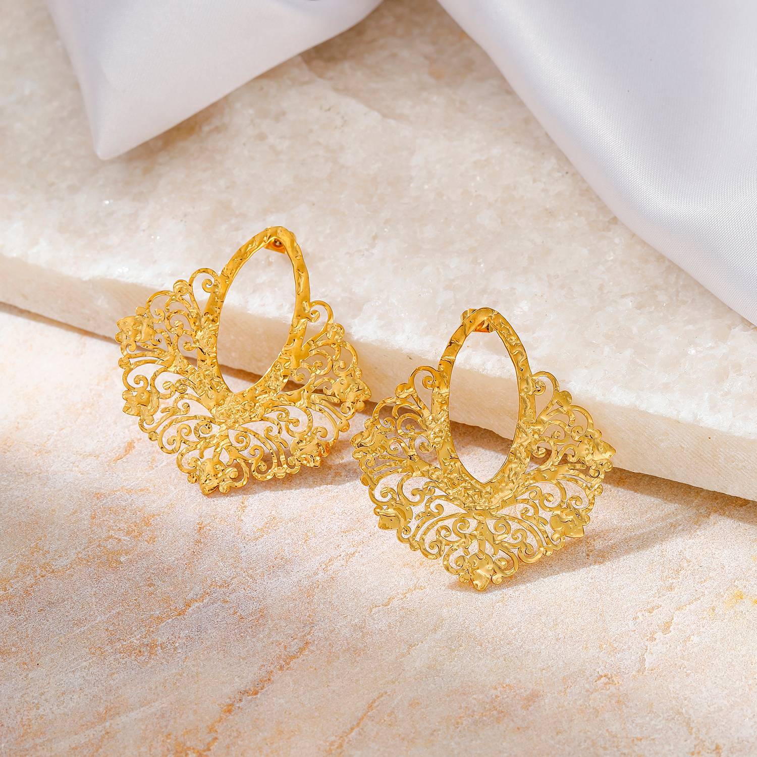 Lonceen Gold Plated Stainless Steel Filigree Hoop Earrings – Vintage Elegant Jewelry